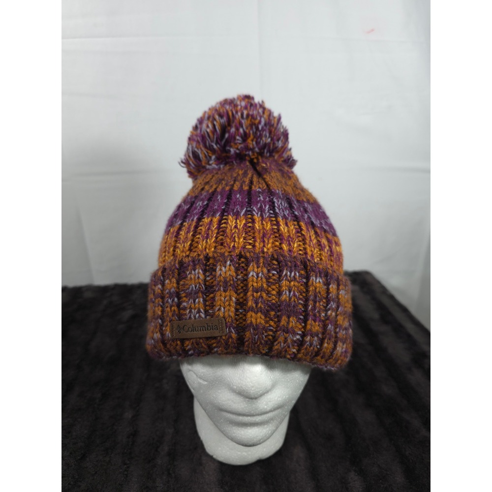 Columbia Unisex Purple Orange Cable Knit Sherpa Lined Pom Beanie Hat CU0153 OS
